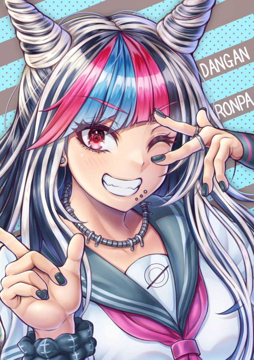 1girl bangs black_hair black_nails black_scrunchie blue_hair breasts copyright_name dangan_ronpa_(series) dangan_ronpa_2:_goodbye_despair donkikong_(pixiv17278003) ear_piercing eyebrows_visible_through_hair fangs hair_horns hands_up highres index_finger_raised jewelry lip_piercing long_hair looking_at_viewer medium_breasts mioda_ibuki multicolored_hair nail_polish necklace one_eye_closed piercing pink_eyes pink_hair polka_dot polka_dot_background sailor_collar school_uniform scrunchie serafuku shiny shiny_hair smile solo striped striped_background v_over_eye white_hair wrist_scrunchie