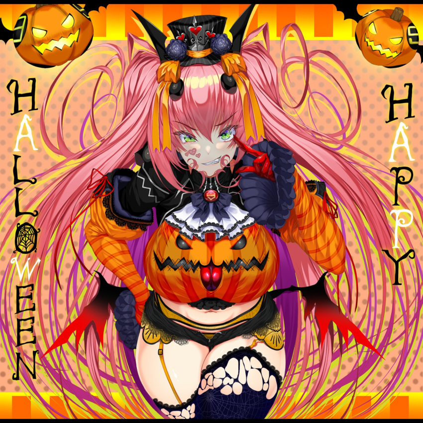 1girl ascot bangs black_headwear breasts cropped_legs crossed_legs eyebrows_visible_through_hair facial_tattoo fang green_eyes gundam halloween happy_halloween haro hat highres ill_(0022) jack-o'-lantern large_breasts long_hair looking_at_viewer mini_hat original personification pointing pointing_at_viewer smirk solo tattoo thick_thighs thigh-highs thighs twintails v-shaped_eyebrows very_long_hair white_neckwear