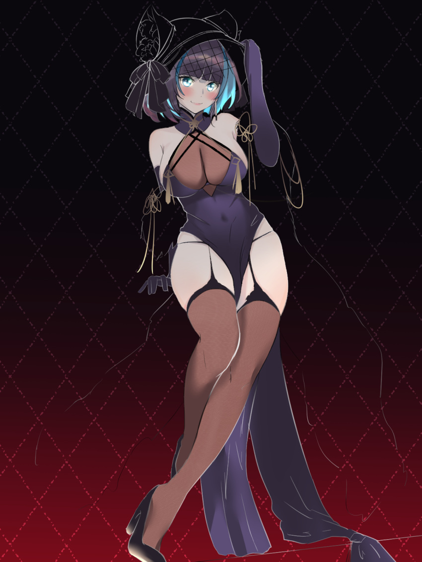1girl animal_ears aqua_eyes aqua_hair azur_lane bare_shoulders black_footwear black_headwear breasts cat_ears cheshire_(azur_lane) cheshire_(cait_sith_crooner)_(azur_lane) china_dress chinese_clothes dress elbow_gloves fake_animal_ears full_body garter_straps gloves high_heels highres large_breasts long_dress looking_at_viewer marumai multicolored_hair official_alternate_costume panties pelvic_curtain purple_dress purple_gloves purple_hair see-through shoes simple_background sleeveless sleeveless_dress solo streaked_hair string_panties thigh-highs two-tone_hair underwear
