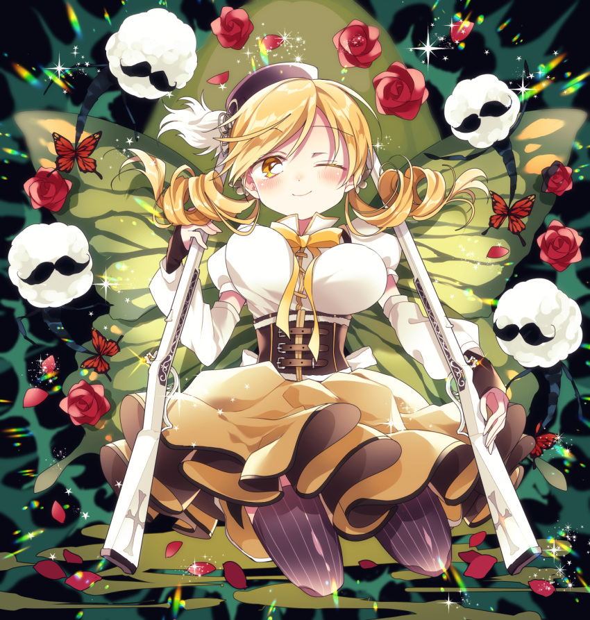 1girl ;) anthony_(madoka_magica) arms_at_sides ayumaru_(art_of_life) beret black_gloves black_headwear blonde_hair bouncing_breasts breasts butterfly_wings closed_mouth colored_eyelashes corset detached_sleeves dot_nose drill_hair eyebrows_visible_through_hair feathers floating_hair flower full_body glint gloves grey_legwear gun hair_ornament hairpin hand_up hat high_collar highres holding holding_gun holding_weapon impossible_clothes jitome kneeling large_breasts light_blush light_particles looking_at_viewer magical_musket mahou_shoujo_madoka_magica neck_ribbon one_eye_closed petals puffy_short_sleeves puffy_sleeves red_flower red_rose ribbon rifle rose rose_petals shiny shiny_hair short_sleeves skirt smile solo sparkle star_(symbol) striped striped_legwear thigh-highs tomoe_mami twin_drills vertical-striped_legwear vertical_stripes weapon wings yellow_eyes yellow_ribbon yellow_skirt zettai_ryouiki