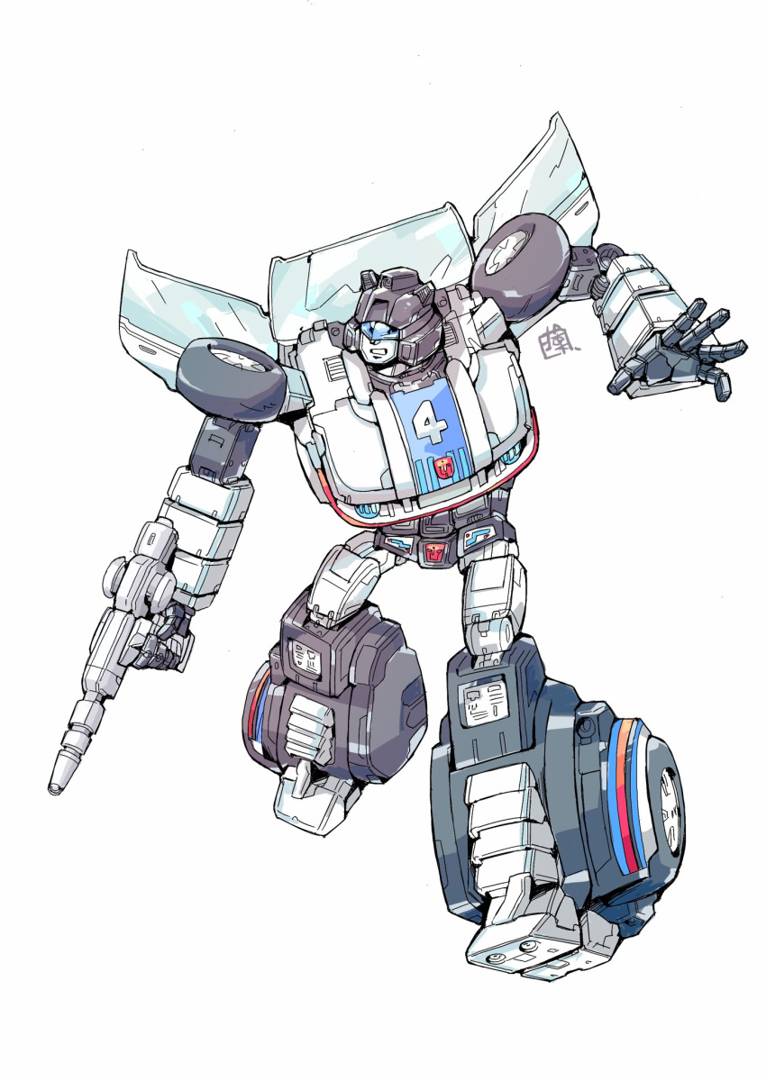 autobot clenched_teeth gun highres holding holding_gun holding_weapon jazz_(transformers) konachang looking_to_the_side mecha no_humans open_hand science_fiction teeth transformers visor weapon white_background