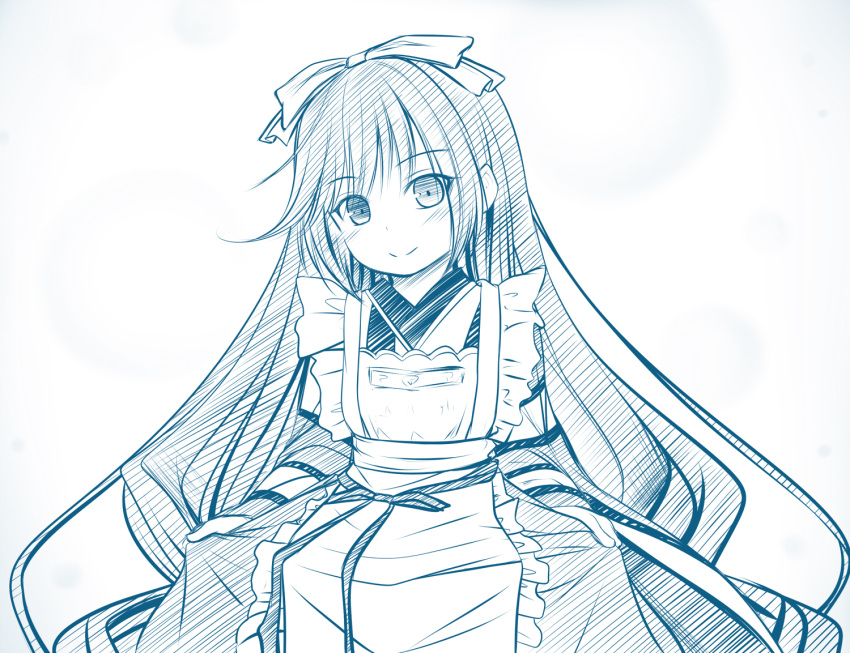 1girl apron bangs blue_theme blush bow closed_mouth commentary_request eyebrows_visible_through_hair frilled_apron frills hair_bow haryuu_(poetto) head_tilt heterochromia japanese_clothes kimono kimono_hold long_hair long_sleeves looking_at_viewer monochrome rozen_maiden smile solo suiseiseki very_long_hair white_background wide_sleeves