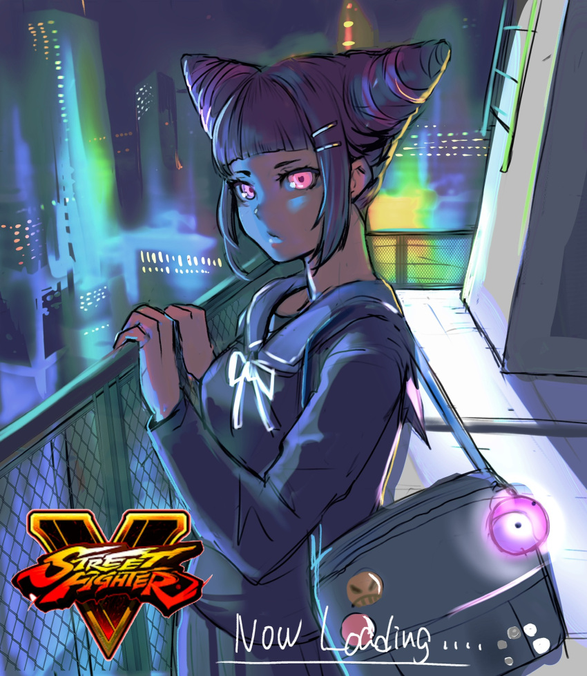 1girl 6maker alternate_universe bag bangs black_hair blunt_bangs commentary_request copyright_name double_bun drill_hair fake_screenshot fence hair_ornament hairclip han_juri highres loading_screen looking_at_viewer night rooftop school_uniform serafuku solo street_fighter street_fighter_v twin_drills violet_eyes yin_yang