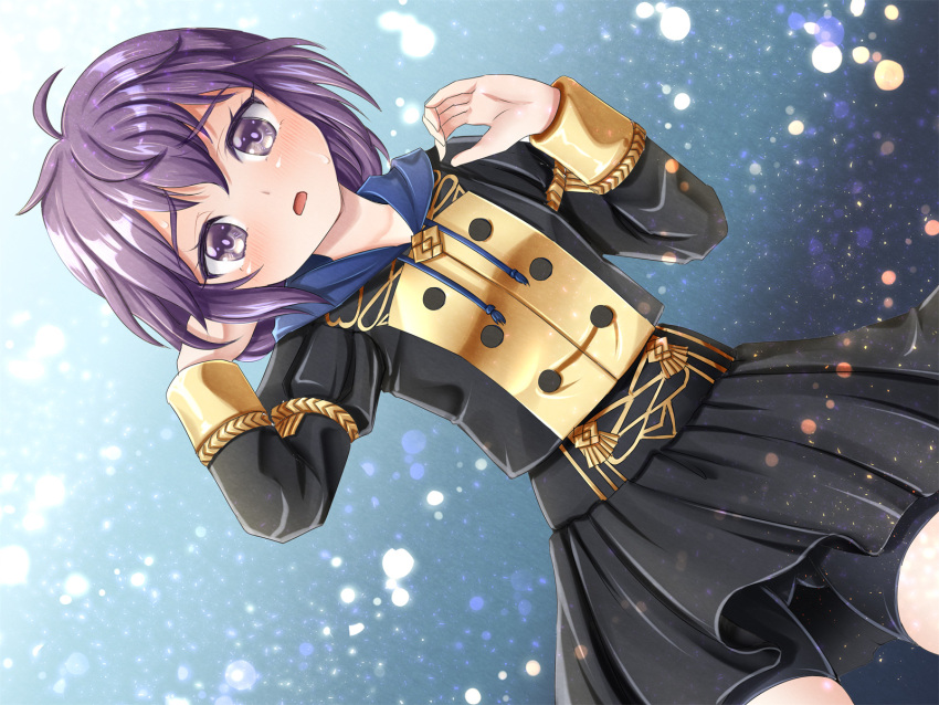 1girl bernadetta_von_varley bike_shorts blue_background blush commentary_request eyebrows_visible_through_hair fire_emblem fire_emblem:_three_houses garreg_mach_monastery_uniform gradient gradient_background grey_eyes highres long_sleeves midorinor open_mouth purple_hair short_hair shorts shorts_under_skirt skirt solo uniform white_background