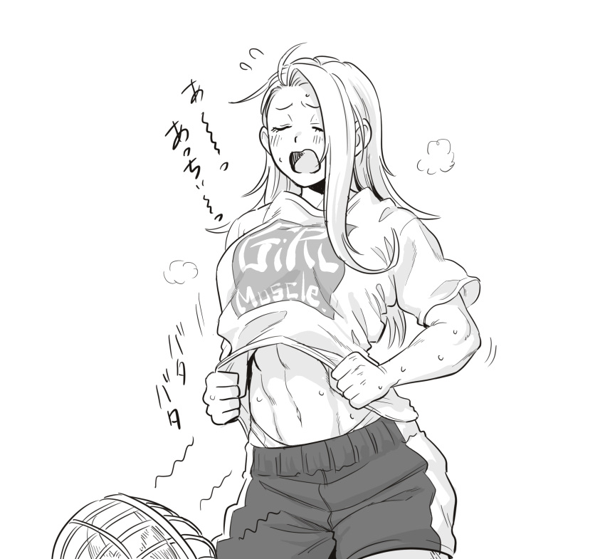 1girl abs blush closed_eyes closed_mouth english_text fan flying_sweatdrops greyscale highres hot long_hair minaka_shobu monochrome muscular muscular_female navel open_mouth original simple_background solo sweat sweatdrop tongue white_background