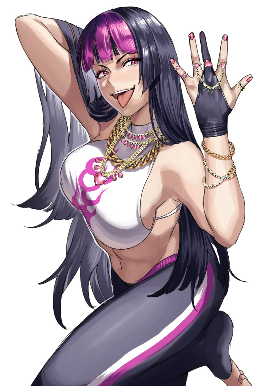 1girl abs bangle bangs black_hair bling blunt_bangs bracelet breasts chain chinese_clothes commentary dudou english_commentary eyelashes fingernails gem gold_chain han_juri hand_in_hair hanny_(uirusu_chan) highres jewelry large_breasts midriff multicolored_hair multiple_rings nail_polish navel pants pose purple_hair purple_nails sideboob sleeveless solo straight_hair street_fighter street_fighter_v toned tongue tongue_out track_pants two-tone_hair upper_teeth violet_eyes