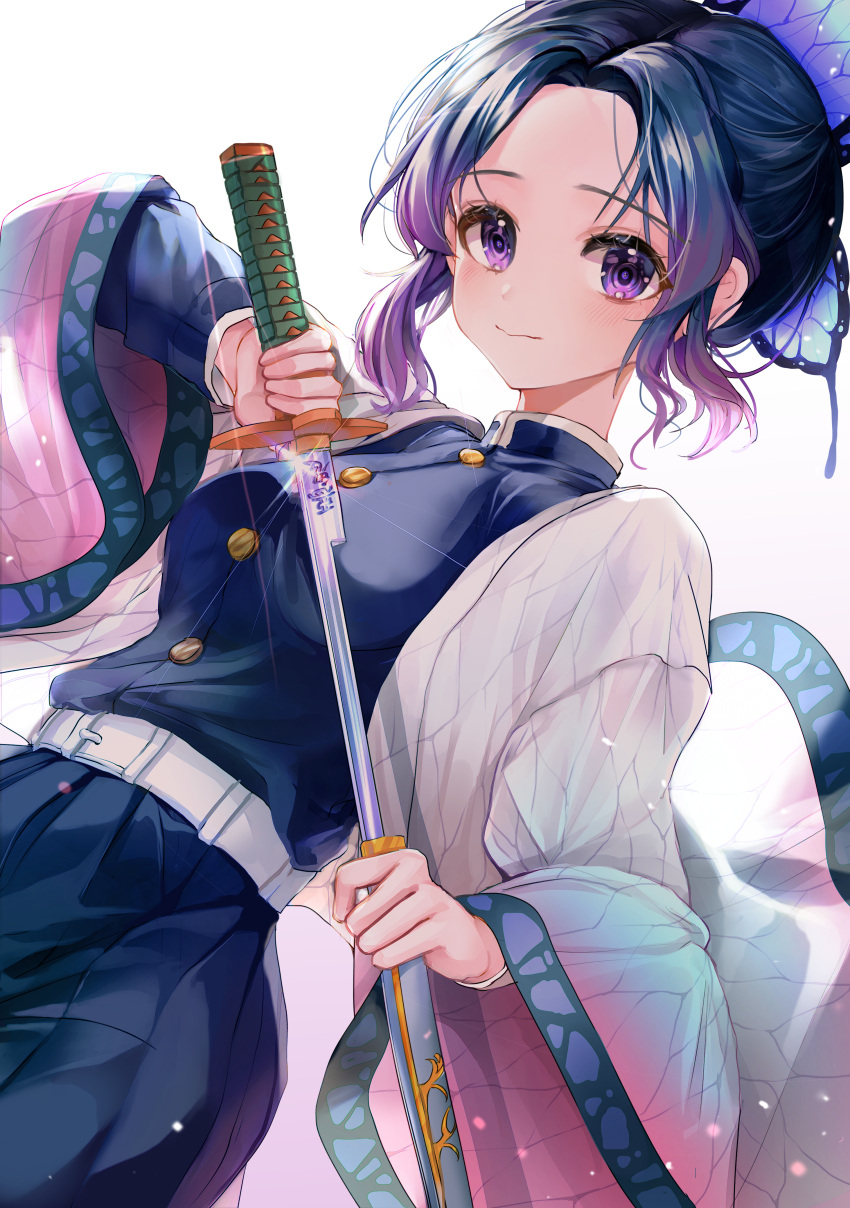 1girl absurdres arm_up bangs belt black_hair breasts bug butterfly butterfly_hair_ornament closed_mouth gradient_hair hair_ornament hand_up highres holding holding_sword holding_weapon huge_filesize insect japanese_clothes kimetsu_no_yaiba kochou_shinobu long_sleeves looking_at_viewer medium_breasts multicolored_hair myowa parted_bangs purple_hair short_hair simple_background smile solo sword violet_eyes wavy_mouth weapon white_background