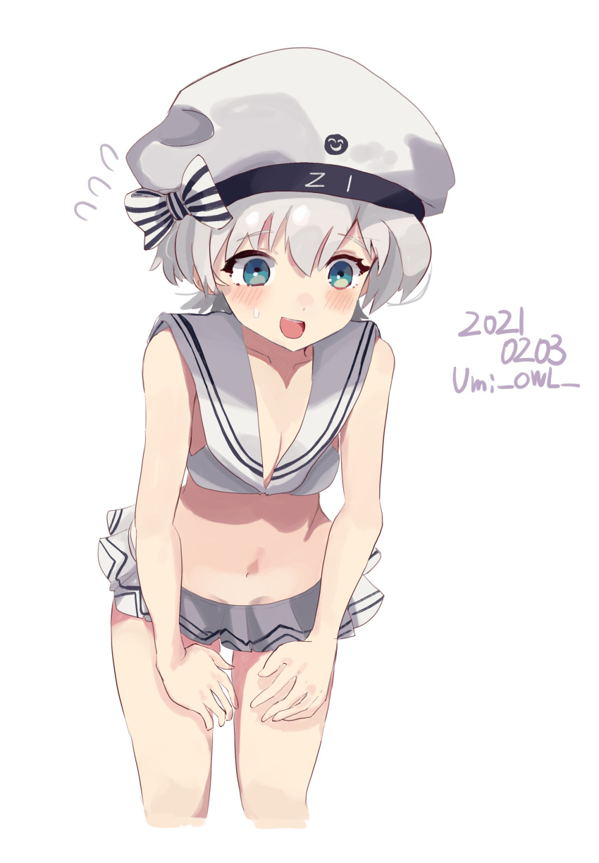 1girl absurdres bikini blue_eyes clothes_writing commentary_request cropped_legs dated flying_sweatdrops frilled_skirt frills hands_on_own_thighs hat highres kantai_collection microskirt sailor_bikini sailor_collar sailor_hat short_hair silver_hair simple_background skirt solo standing swimsuit twitter_username umi_owl white_background white_bikini white_headwear white_sailor_collar z1_leberecht_maass_(kantai_collection)