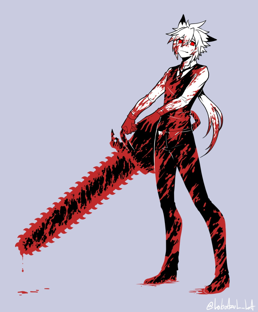 1boy animal_ears blood blood_on_face bloody_clothes bloody_hair bloody_hands bloody_weapon chainsaw closed_mouth dripping elsword grey_background greyscale hair_between_eyes highres holding_chainsaw loboazul_loa long_hair male_focus monochrome necktie red_eyes signature simple_background sleeves_rolled_up smile smirk solo spot_color standing twitter_username weapon
