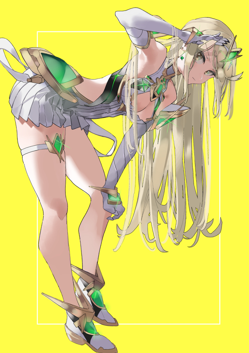 1girl adjusting_hair bare_legs bent_over breasts cleavage_cutout clothing_cutout ekitabu_hosii elbow_gloves full_body gem gloves headpiece highres long_hair looking_at_viewer medium_breasts mythra_(xenoblade) simple_background solo standing thigh_strap tiara xenoblade_chronicles_(series) xenoblade_chronicles_2 yellow_background