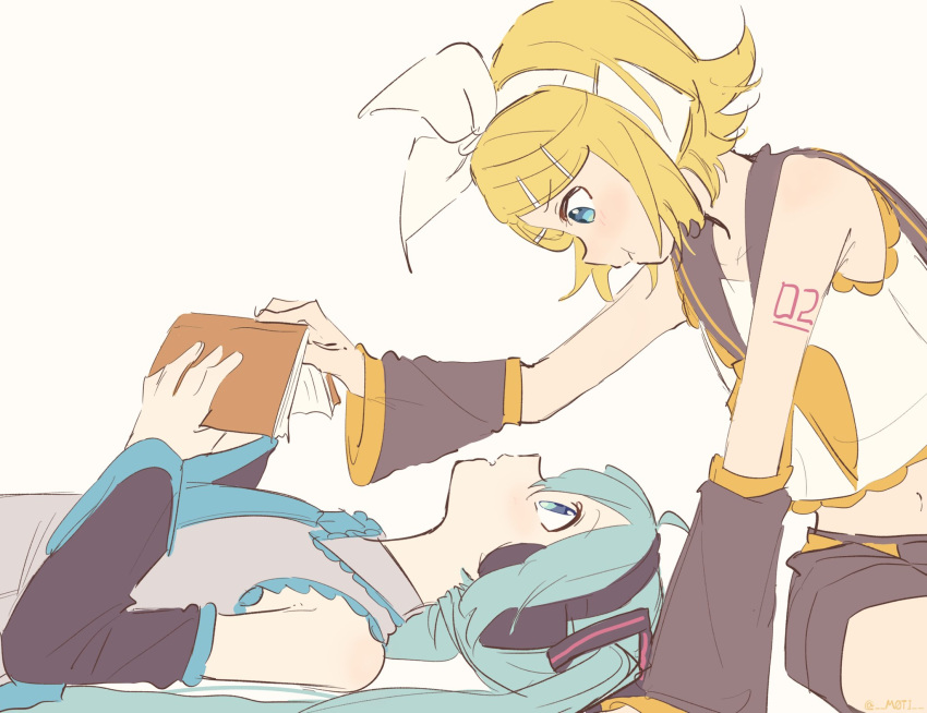 2girls aqua_eyes aqua_hair aqua_neckwear arm_warmers bangs bare_shoulders beige_background black_collar black_shorts black_sleeves blonde_hair book bow collar commentary crop_top detached_sleeves grey_shirt hair_bow hair_ornament hairclip hatsune_miku headphones highres holding holding_book kagamine_rin light_blush long_hair looking_at_another lying m0ti midriff multiple_girls navel neckerchief necktie on_back open_book parted_lips pout sailor_collar shirt short_hair short_shorts shorts shoulder_tattoo simple_background sitting sketch sleeveless sleeveless_shirt swept_bangs tattoo twintails upper_body very_long_hair vocaloid white_bow white_shirt yellow_neckwear