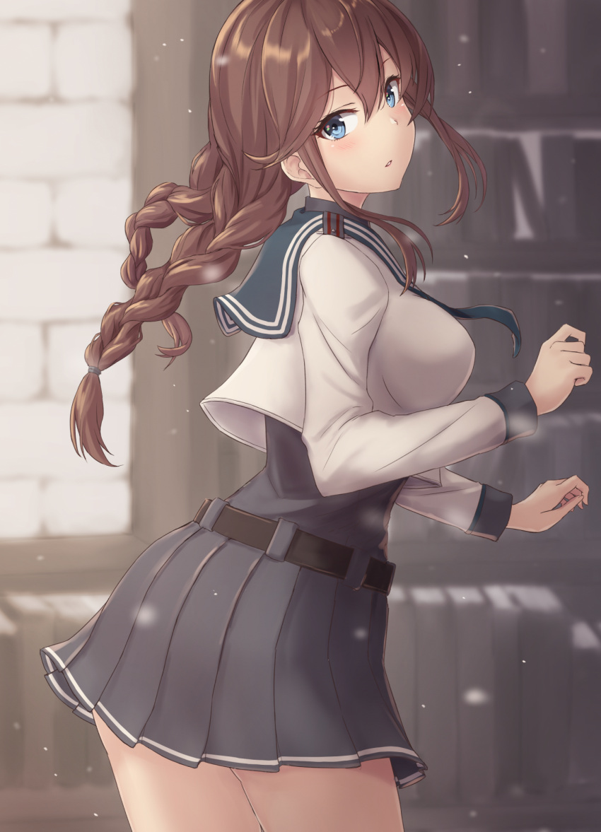 1girl bangs belt black_belt black_shirt black_skirt blue_eyes braid breasts brown_hair cowboy_shot dress_shirt from_side highres jacket kantai_collection large_breasts long_hair long_sleeves miniskirt monoku noshiro_(kantai_collection) pleated_skirt remodel_(kantai_collection) shirt skirt solo standing swept_bangs twin_braids white_jacket