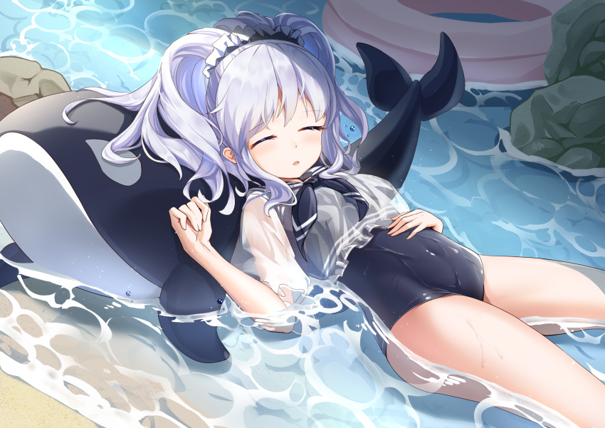 1girl absurdres bangs breasts chiya_1589505970 closed_eyes covered_navel day eyebrows_visible_through_hair hand_on_own_stomach hand_up highres in_water long_hair lying on_back outdoors parted_lips school_swimsuit sigsbee_(warship_girls_r) silver_hair sleeping small_breasts smile solo swimsuit swimwear thighs warship_girls_r water wet wet_clothes wet_swimsuit