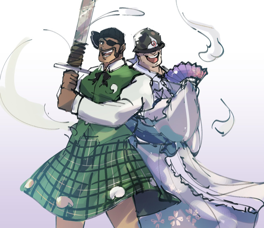 2boys :d beanie black_headwear collared_shirt commentary cosplay crossdressinging dark_skin dark_skinned_male english_commentary eyepatch facial_hair fan floral_print folding_fan gradient gradient_background green_skirt green_vest grey_kimono hat hat_over_eyes highres holding holding_sword holding_weapon ina_zuma japanese_clothes juliet_sleeves kimono konpaku_youmu konpaku_youmu_(cosplay) konpaku_youmu_(ghost) long_sleeves looking_at_viewer male_focus multiple_boys mustache obi open_mouth print_kimono puffy_sleeves purple_background saigyouji_yuyuko saigyouji_yuyuko_(cosplay) sash shirt skirt sleeves_past_fingers sleeves_past_wrists smile standing sword team_fortress_2 the_demoman the_soldier touhou triangular_headpiece two-handed upper_teeth vest weapon white_background white_shirt wide_sleeves