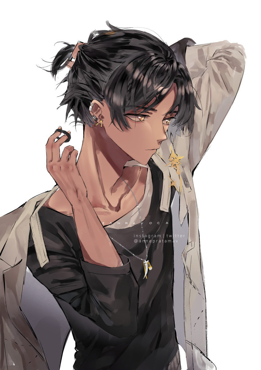 1boy absurdres arknights arm_behind_head arm_up artist_name bangs black_hair black_shirt closed_mouth collarbone ear_piercing earrings hair_tie highres holding jacket jewelry long_sleeves looking_away male_focus necklace piercing shirt short_hair simple_background sketch solo thorns_(arknights) twitter_username tying_hair upper_body white_background white_jacket yellow_eyes zahravoca_(annpratamav)