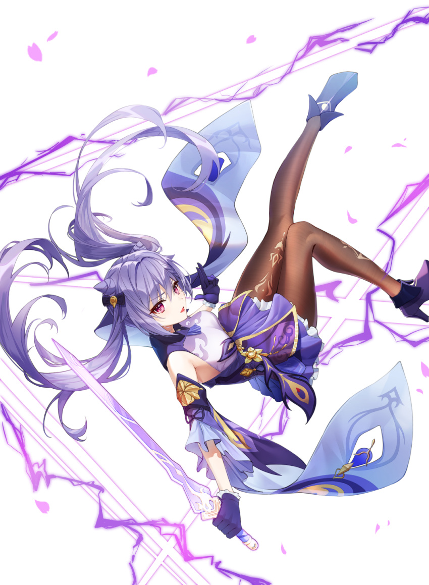 1girl black_legwear bow breasts detached_sleeves double_bun dress frilled_sleeves frills full_body genshin_impact gloves hair_bow hair_bun high_heels highres holding holding_sword holding_weapon keqing_(genshin_impact) lightning open_mouth pantyhose purple_hair simple_background solo star-ring sword twintails violet_eyes weapon white_background