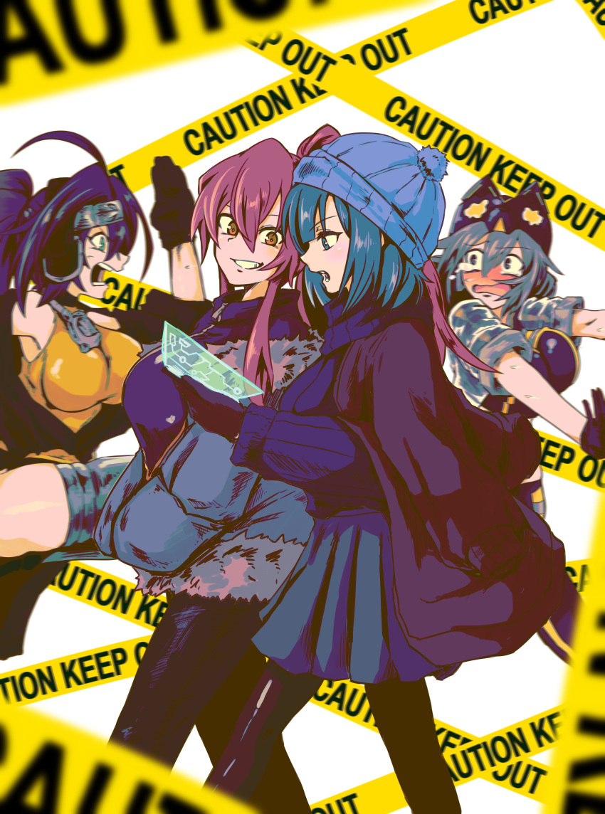 4girls absurdres ahoge alternate_costume beanie blue_eyes blue_hair blush breasts brown_eyes caution_tape chasing crying crying_with_eyes_open duel_monster eyebrows_visible_through_hair feet_out_of_frame fleeing fur-trimmed_jacket fur_trim gloves green_eyes grey_hair hat headband headphones highres holding holding_phone holographic_interface i:p_masquerena jacket jacket_on_shoulders kisikil_(yu-gi-oh!) large_breasts lilla_(yu-gi-oh!) long_hair multiple_girls open_mouth phone pink_hair ponytail purple_hair s-force_rappa_chiyomaru short_hair skirt smile sweater tears tkool_man walking white_background yu-gi-oh!