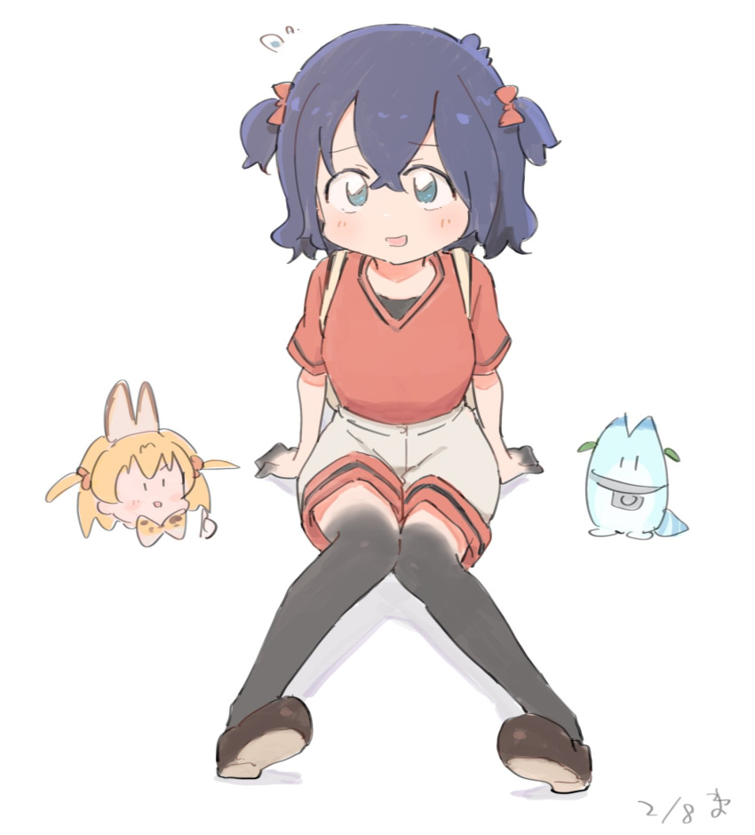 2girls alternate_hairstyle animal_ears black_hair black_legwear blue_eyes blush bow bowtie brown_footwear commentary_request embarrassed eyebrows_visible_through_hair grey_shorts hair_bow highres kaban_(kemono_friends) kemono_friends loafers lucky_beast_(kemono_friends) multiple_girls red_bow red_shirt serval_(kemono_friends) serval_ears serval_girl serval_print shirt shoes short_sleeves short_twintails shorts t-shirt thigh-highs twintails wamawmwm