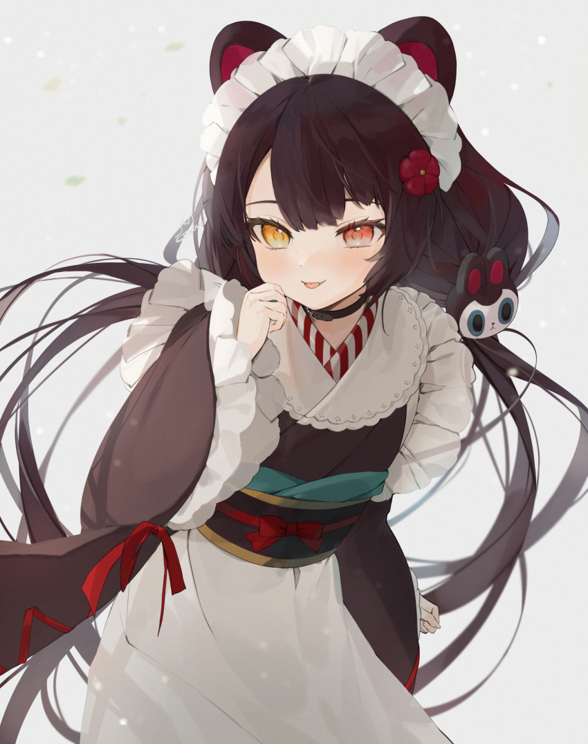 1girl absurdres animal_ears apron black_collar black_kimono bow brown_eyes brown_hair collar dog_ears dog_hair_ornament fang fang_out flower frilled_sleeves frills gotoh510 grey_background hair_flower hair_ornament hand_up heterochromia highres inui_toko japanese_clothes kimono long_hair long_sleeves looking_at_viewer low_twintails maid_headdress nijisanji obi red_bow red_eyes red_flower sash simple_background solo tongue tongue_out twintails very_long_hair virtual_youtuber wa_maid waist_apron white_apron wide_sleeves