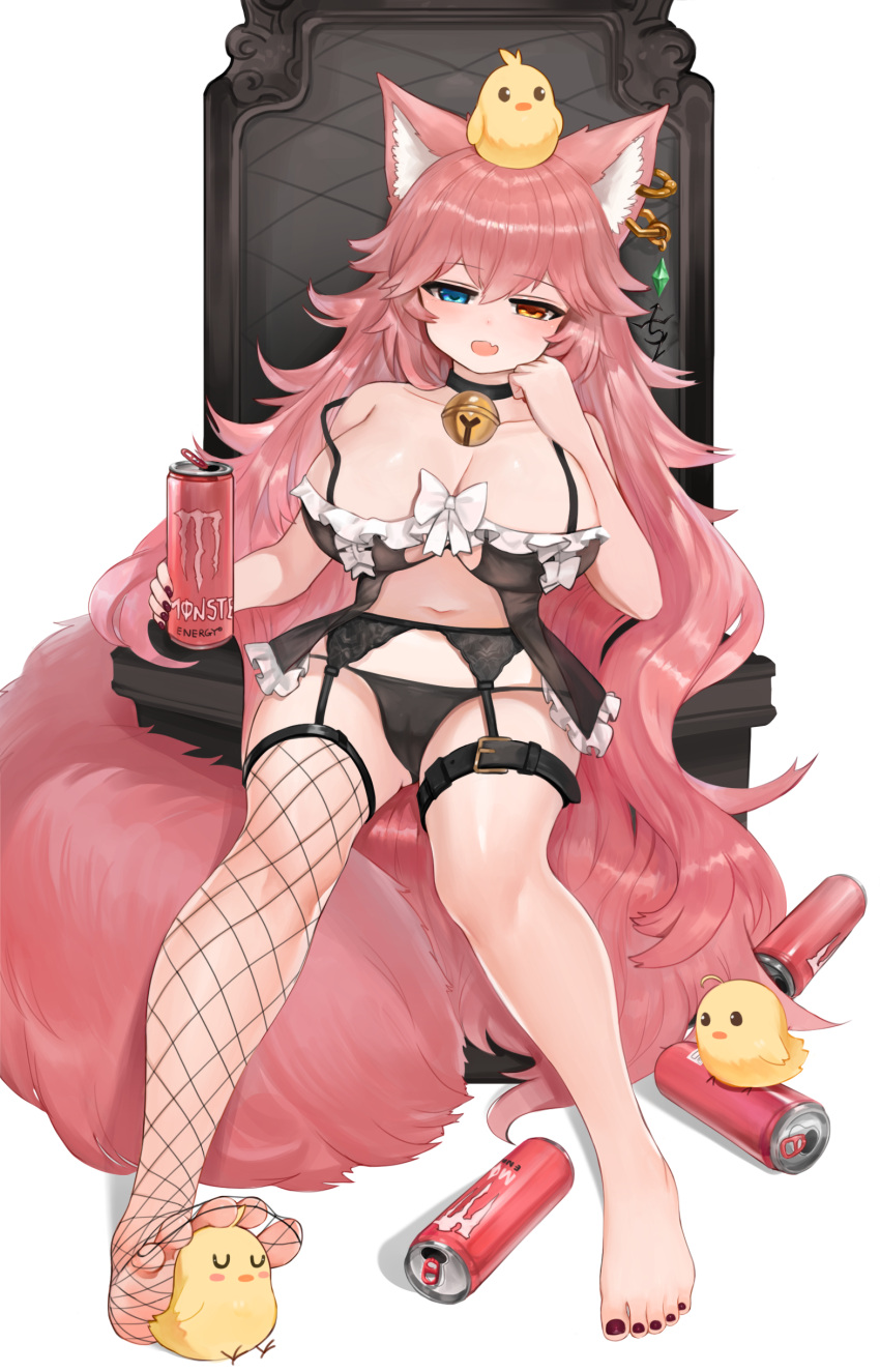 1girl absurdres animal_ear_fluff animal_ears bare_legs barefoot bell bird black_bra black_panties blue_eyes bra breasts cat_ears cat_girl chicken dokomon feet full_body garter_belt garter_straps heterochromia highres huge_breasts jingle_bell long_hair orange_eyes original panties redhead toes underwear white_background