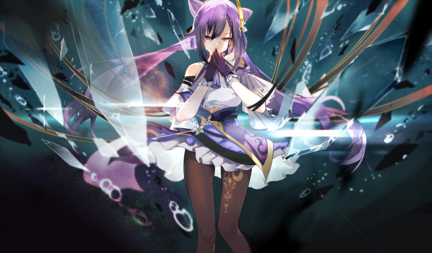 1girl bare_shoulders broken broken_glass brown_legwear diffraction_spikes eyebrows_visible_through_hair eyes_visible_through_hair frills genshin_impact glass gloves hair_between_eyes hands_together keqing_(genshin_impact) long_hair mitu_yang pantyhose pink_eyes purple_gloves purple_hair shatter shattered solo twintails