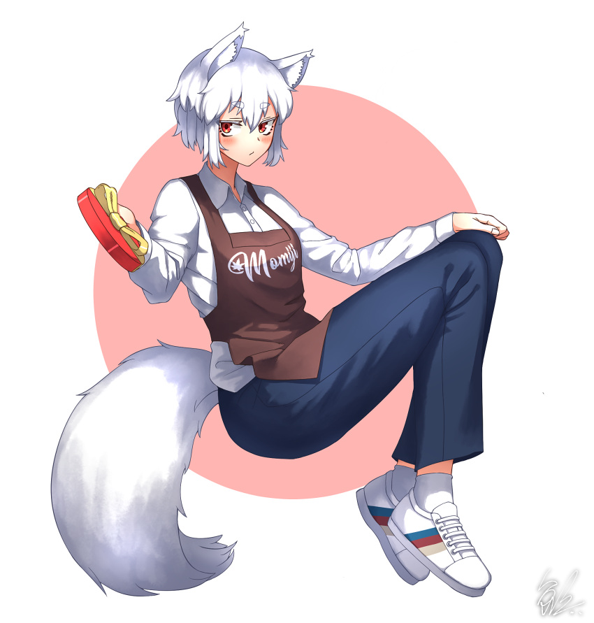 1641_(chfhrtor94) alternate_costume animal_ear_fluff animal_ears apron blush brown_apron character_name contemporary denim eyebrows_visible_through_hair gift giving highres inubashiri_momiji jeans leaf looking_at_viewer maple_leaf no_hat no_headwear pants red_eyes shirt short_hair simple_background tail touhou white_footwear white_hair white_legwear white_shirt wolf_ears wolf_tail