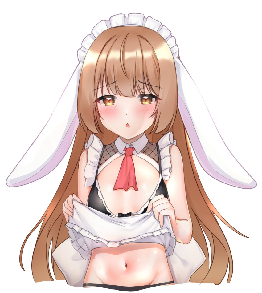 1girl animal_ears apron ascot bare_arms bare_shoulders benedia black_bra black_panties blush bra breasts brown_hair cropped_torso embarrassed floppy_ears frills groin highres long_hair looking_at_viewer maid maid_apron maid_headdress navel orange_eyes original panties parted_lips rabbit_ears simple_background small_breasts solo stomach string_panties underwear waist_apron white_background wing_collar