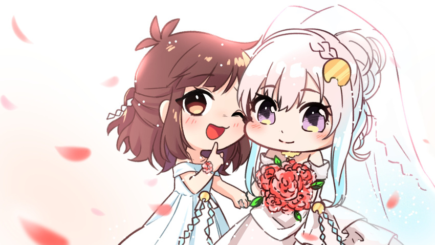 2girls absurdres airani_iofifteen airani_iofifteen_(artist) blue_hair bouquet bridal_veil brown_hair chibi dress english_commentary flower gradient_hair hair_bun highres holding holding_bouquet holding_hands hololive hololive_indonesia indie_virtual_youtuber looking_at_viewer multicolored_hair multiple_girls one_eye_closed open_mouth palette_hair_ornament petals pink_hair red_flower red_rose rose side_ponytail smile template veil violet_eyes virtual_youtuber vyolfers vyolfers_(vtuber) wedding_dress wife_and_wife