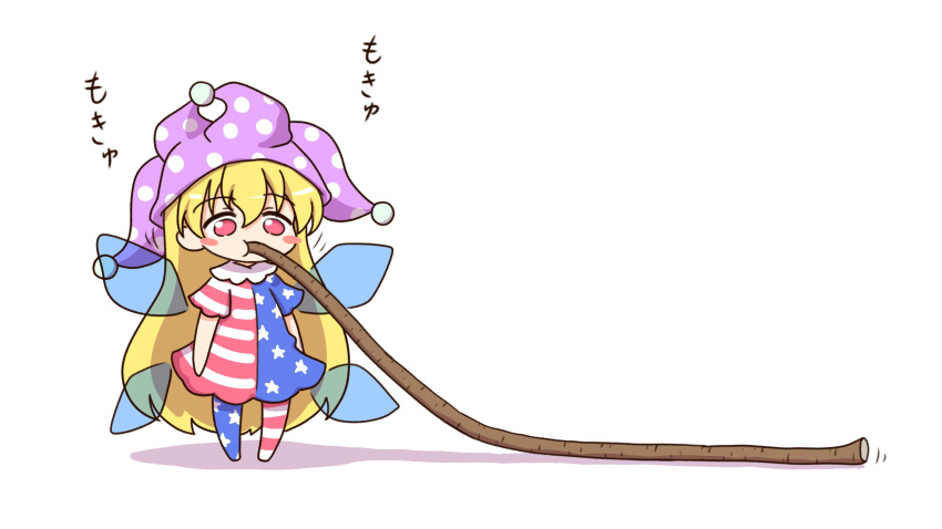 1girl american_flag_dress blonde_hair blush_stickers chibi clownpiece full_body hat highres jester_cap long_hair pink_eyes pink_headwear polka_dot rope shitacemayo simple_background slurping solo standing touhou white_background