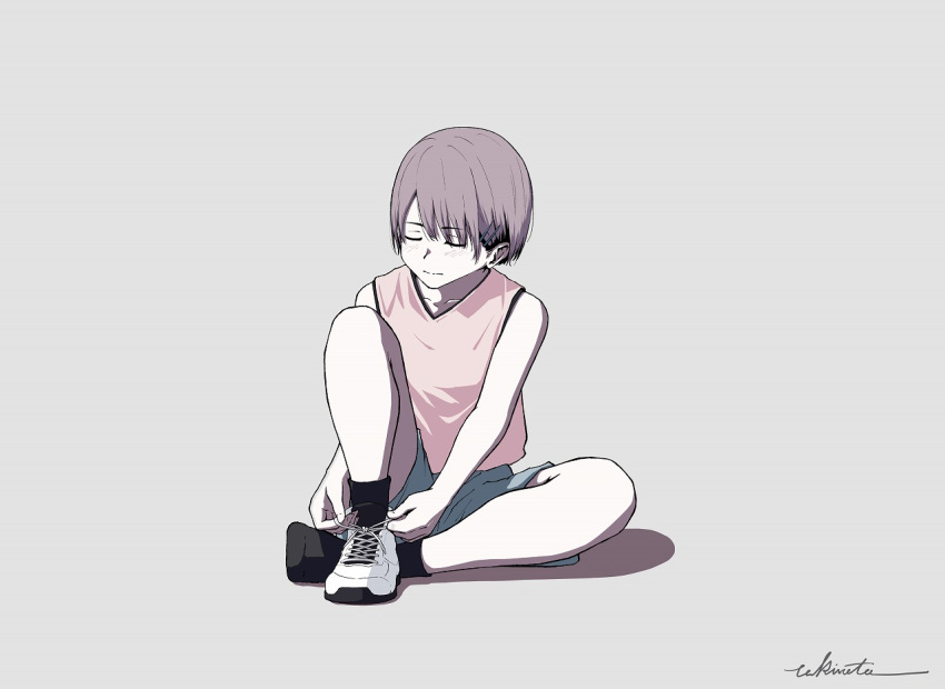 1girl artist_name brown_hair closed_eyes hair_ornament hairclip jersey original shoes short_hair shorts signature simple_background sitting sneakers solo takimoto_nao tying_shoes