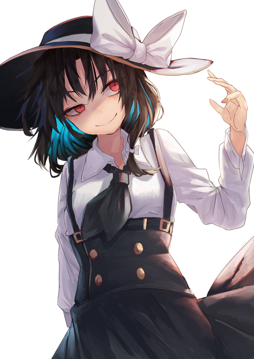 1girl absurdres arm_behind_back arm_up bangs black_hair black_headwear black_skirt blue_hair blush bow breasts buttons closed_mouth corset cowboy_shot dutch_angle eyebrows_behind_hair fedora glowing glowing_hair hair_ribbon hat hat_bow high-waist_skirt highres long_sleeves looking_to_the_side medium_hair multicolored_hair murayo necktie red_eyes ribbon shirt sidelocks simple_background skirt small_breasts smile solo suspender_skirt suspenders touhou tress_ribbon uneven_eyes usami_renko white_background white_bow white_ribbon white_shirt