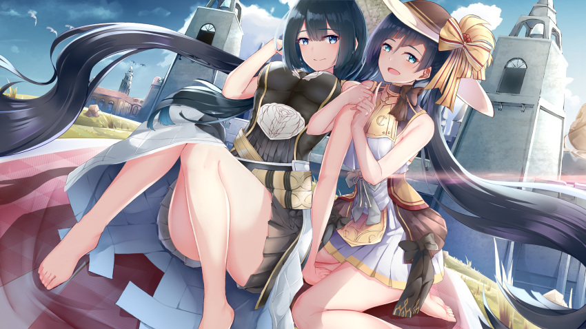 2girls adapted_costume aprilis_(ys) aqua_eyes arm_hug bare_arms bare_legs bare_shoulders barefoot bird black_hair blue_sky building day doll_(ys) hat highres hisa09 long_hair looking_at_viewer multiple_girls open_mouth outdoors pleated_skirt prison seagull sitting skirt sky smile sun_hat twintails very_long_hair ys ys_ix_monstrum_nox