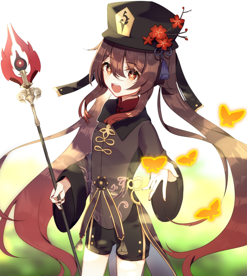 1girl :d black_headwear black_nails black_shorts brown_hair bug butterfly chieezuik flower genshin_impact hat highres holding holding_weapon hu_tao insect long_sleeves nail_polish open_mouth polearm red_eyes shorts smile solo standing tailcoat top_hat weapon