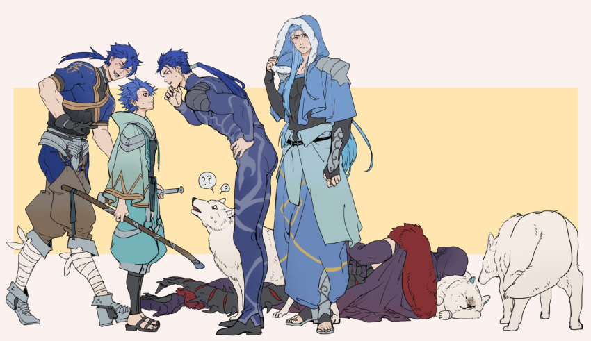 3others 5boys ? ^_^ animal armor bandages belt blue_hair bodysuit boots cape capelet child closed_eyes confused cu_chulainn_(fate)_(all) cu_chulainn_(fate/grand_order) cu_chulainn_(fate/prototype) cu_chulainn_alter_(fate/grand_order) dog fate/grand_order fate/grand_order_arcade fate/prototype fate/stay_night fate_(series) faulds from_side full_body fur-trimmed_cape fur-trimmed_hood fur_trim gloves greaves hand_on_hip hand_on_own_chin high_heels highres holding holding_staff hood hood_up hooded_capelet iash lancer leg_warmers long_hair looking_at_another lying male_focus multiple_boys multiple_others on_side open_toe_shoes pants pauldrons puffy_pants puppy sandals setanta_(fate) short_sleeves shoulder_armor spikes staff standing tail vambraces white_wolf wolf