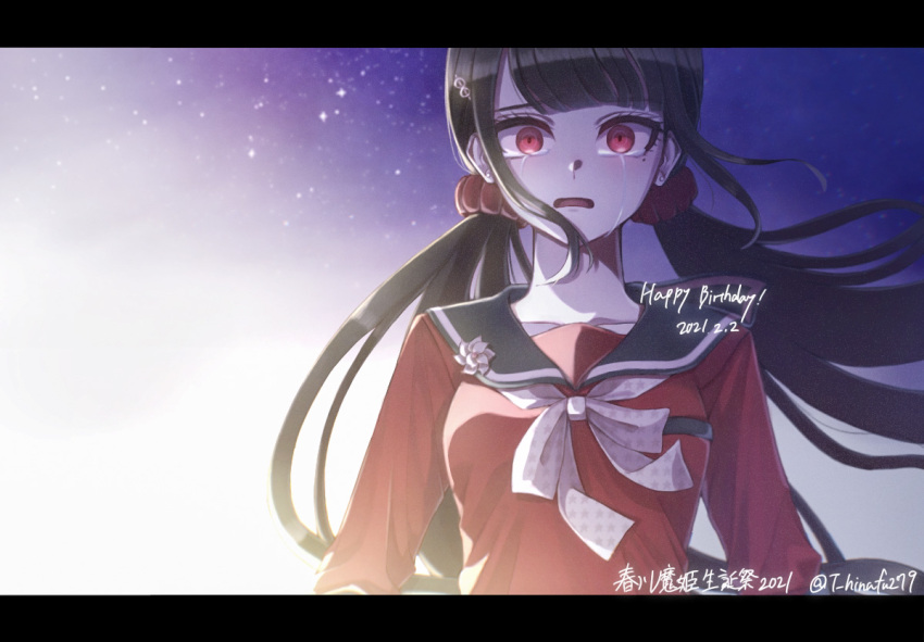 1girl bangs black_hair blunt_bangs blush breasts collarbone commentary_request crying crying_with_eyes_open dangan_ronpa_(series) dangan_ronpa_v3:_killing_harmony floating_hair hair_ornament hair_scrunchie hairclip harukawa_maki letterboxed long_hair long_sleeves looking_at_viewer low_twintails mole mole_under_eye nana_hiyo open_mouth outdoors red_eyes red_scrunchie red_shirt sailor_collar school_uniform scrunchie serafuku shirt solo tears twintails upper_body very_long_hair