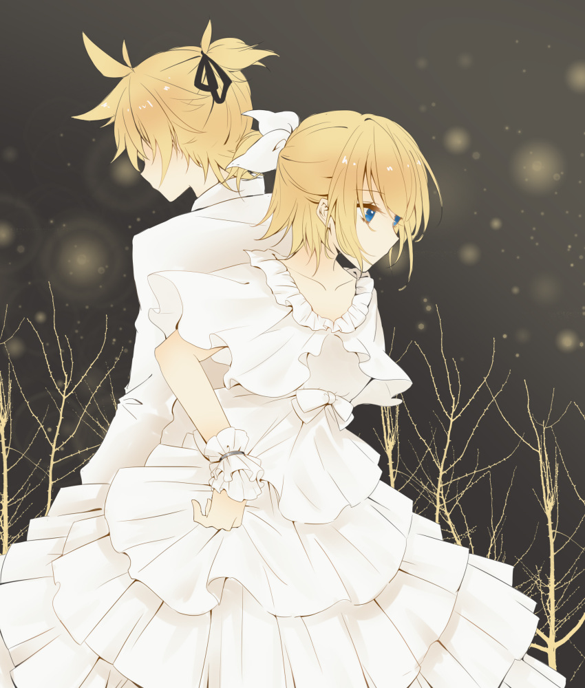 1boy 1girl back-to-back blonde_hair blue_eyes bow branch brother_and_sister collar collarbone dress formal frilled_collar frilled_cuffs frilled_dress frills hair_bow hair_ornament hair_ribbon hairclip highres kagamine_len kagamine_rin layered_dress light_particles pale_skin ribbon scrunchie siblings skirt_hold suit tuxedo twins varinr vocaloid white_dress white_suit wrist_cuffs wrist_scrunchie