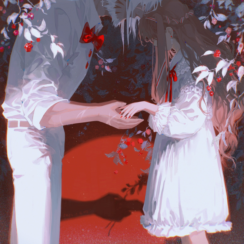 1boy 1girl absurdres brown_hair dizi930 dress earrings highres jewelry long_hair neck_ribbon original pants red_neckwear red_ribbon ribbon scar scar_on_face shirt shirt_tucked_in standing white_dress white_hair white_pants white_shirt