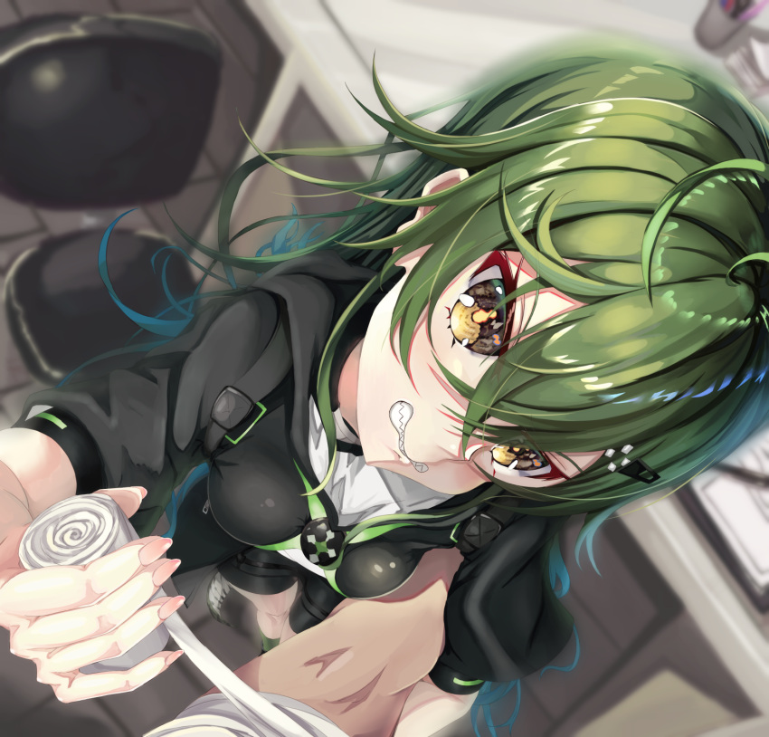 1girl arknights bandaged_arm bandages bangs brown_eyes chair clenched_teeth commentary_request crossed_bangs from_above gavial_(arknights) green_eyes highres indoors long_hair office_chair pov sharp_teeth solo_focus teeth yururithi