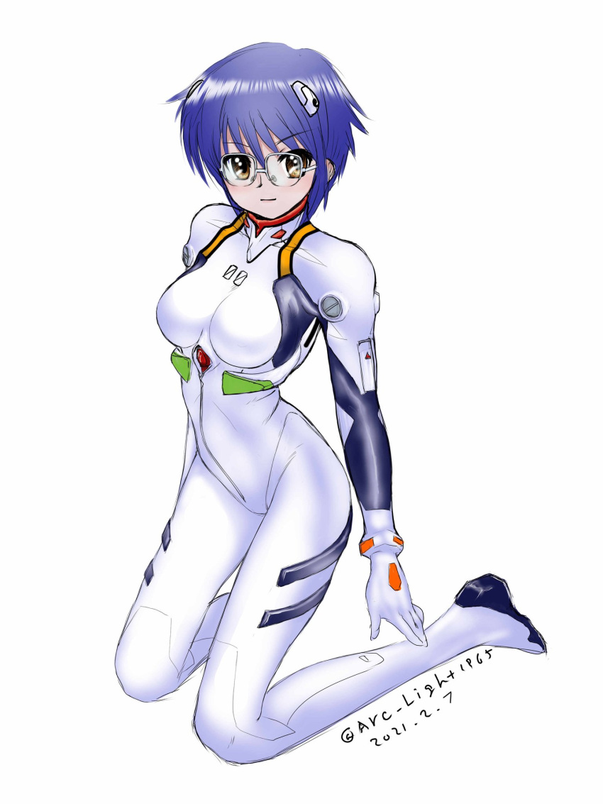 1girl arc_light ayanami_rei ayanami_rei_(cosplay) bespectacled blue_hair bodysuit breasts brown_eyes commentary_request cosplay dated full_body glasses highres interface_headset kneeling light_smile looking_at_viewer medium_breasts nagato_yuki neon_genesis_evangelion pilot_suit plugsuit simple_background solo suzumiya_haruhi_no_yuuutsu twitter_username white_background white_bodysuit