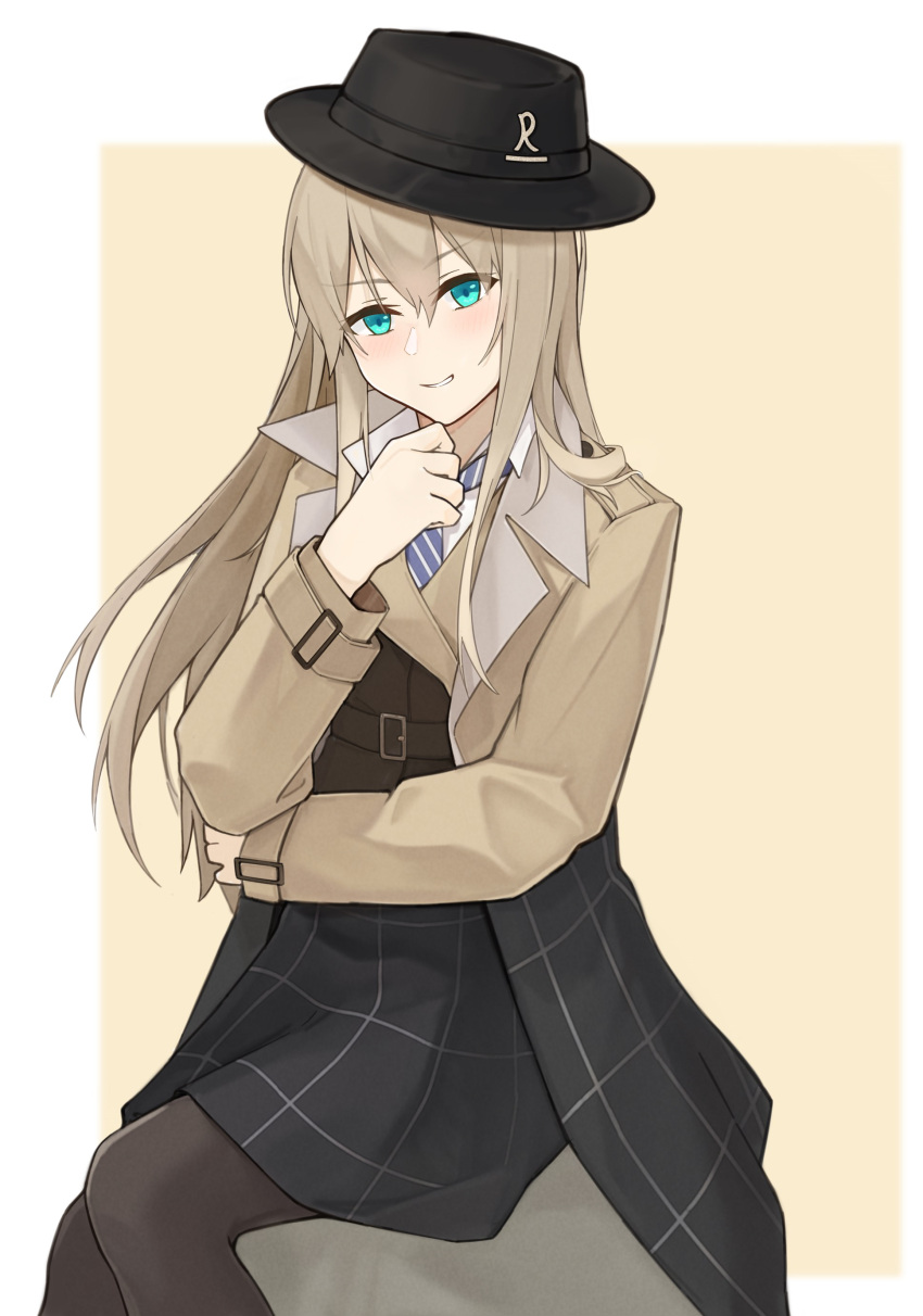 1girl absurdres alternate_costume aqua_eyes black_headwear black_legwear black_skirt coat fedora hat highres lexington_(cv-16)_(warship_girls_r) long_hair long_sleeves necktie plaid plaid_skirt platinum_blonde_hair skirt solo striped striped_neckwear warship_girls_r wendy452088523 yellow_coat