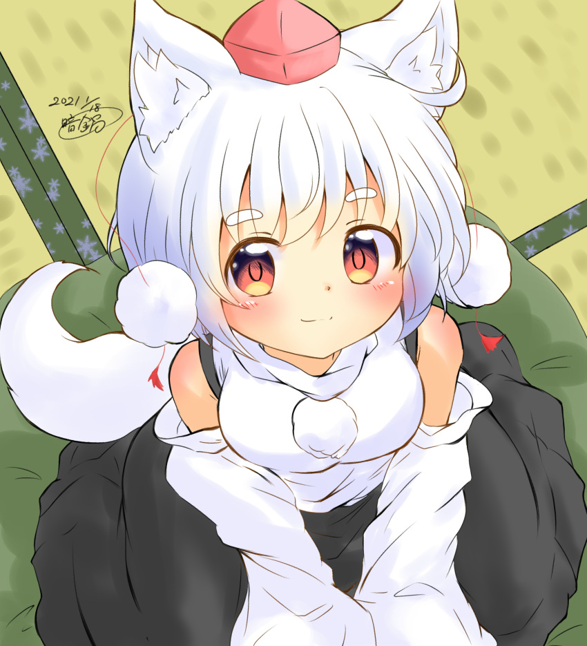 1girl absurdres animal_ear_fluff animal_ears black_skirt blush breasts commentary_request dated detached_sleeves from_above highres inubashiri_momiji kuranabe long_sleeves looking_at_viewer medium_breasts pom_pom_(clothes) red_eyes shirt short_hair signature skirt smile solo tail thick_eyebrows touhou white_hair white_shirt wide_sleeves wolf_ears wolf_tail