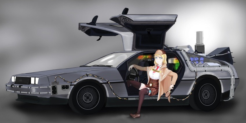 absurdres back_to_the_future blonde_hair blue_eyes breasts capelet car crossover deerstalker delorean ground_vehicle hat high-waist_skirt highres hololive hololive_english md5_mismatch medium_breasts mini_necktie motor_vehicle plaid plaid_skirt pocket_watch red_neckwear skirt snowbroke trait_connection vehicle_focus virtual_youtuber watch watson_amelia