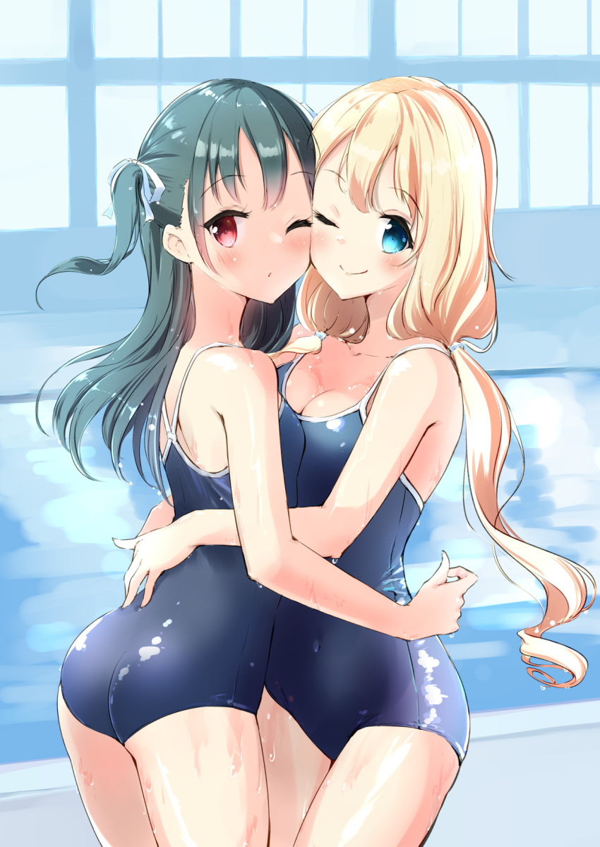 2girls ass asymmetrical_docking bangs blonde_hair blue_eyes blue_swimsuit blush breast_press breasts cheek-to-cheek commission competition_school_swimsuit covered_navel cowboy_shot dripping eyebrows_visible_through_hair green_hair haoriya_chie_(minidraco) highres hug indoors long_hair looking_at_viewer medium_breasts minidraco multiple_girls one_eye_closed one_side_up original pool poolside red_eyes school_swimsuit shiny shiny_clothes shiny_skin small_breasts standing swimsuit twintails wet wet_clothes wet_hair wet_swimsuit