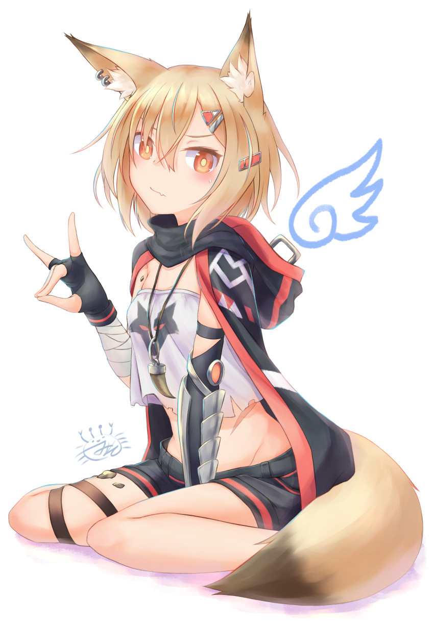 1girl absurdres animal_ear_fluff animal_ears arknights bangs black_cape black_gloves black_shorts blonde_hair blush cape commentary_request crop_top crop_top_overhang detached_wings earrings fingerless_gloves fox_ears fox_shadow_puppet fox_tail gloves hair_between_eyes hair_ornament hairclip highres hood hooded_cape jewelry kanimiso_(juutilainen77) looking_at_viewer midriff orange_eyes oripathy_lesion_(arknights) pendant short_hair short_shorts shorts simple_background sitting solo stomach strapless tail thigh_strap tubetop vermeil_(arknights) wariza white_background wings