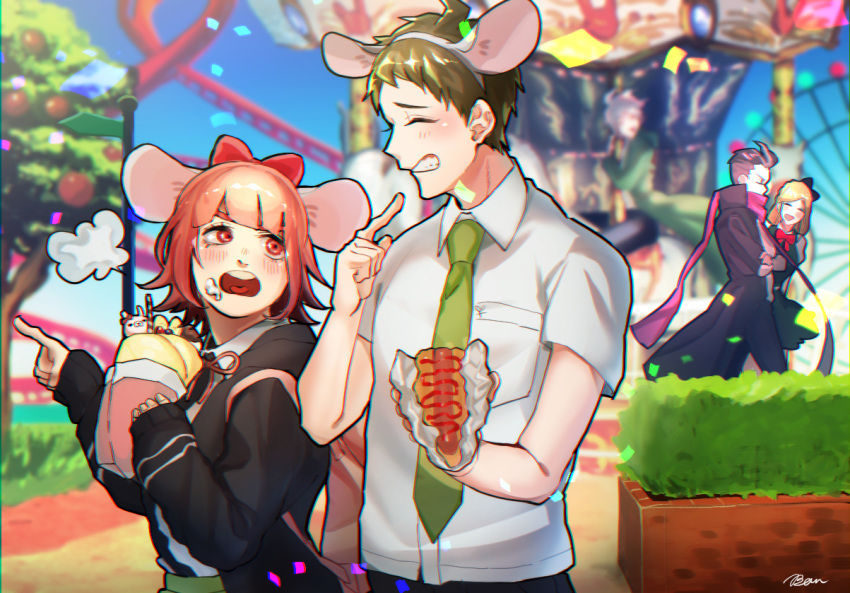 2girls 3boys amusement_park animal_ears bad_arm bangs baru_(bar_0405) black_coat black_jacket black_shirt blonde_hair blurry blurry_background blush bow breast_pocket carousel coat collared_shirt commentary_request cream cream_on_face crepe dangan_ronpa_(series) dangan_ronpa_2:_goodbye_despair day depth_of_field fake_animal_ears food food_on_face food_request green_coat green_neckwear grey_hair grin hair_bow hair_ornament hinata_hajime hood hood_down jacket komaeda_nagito long_hair long_sleeves looking_at_another mouse_ears multiple_boys multiple_girls nanami_chiaki necktie open_clothes open_jacket open_mouth outdoors pink_scarf pocket pointing red_bow roller_coaster scarf shirt shirt_tucked_in short_hair smile sonia_nevermind tanaka_gandamu teeth two-tone_shirt usami_(dangan_ronpa) white_shirt