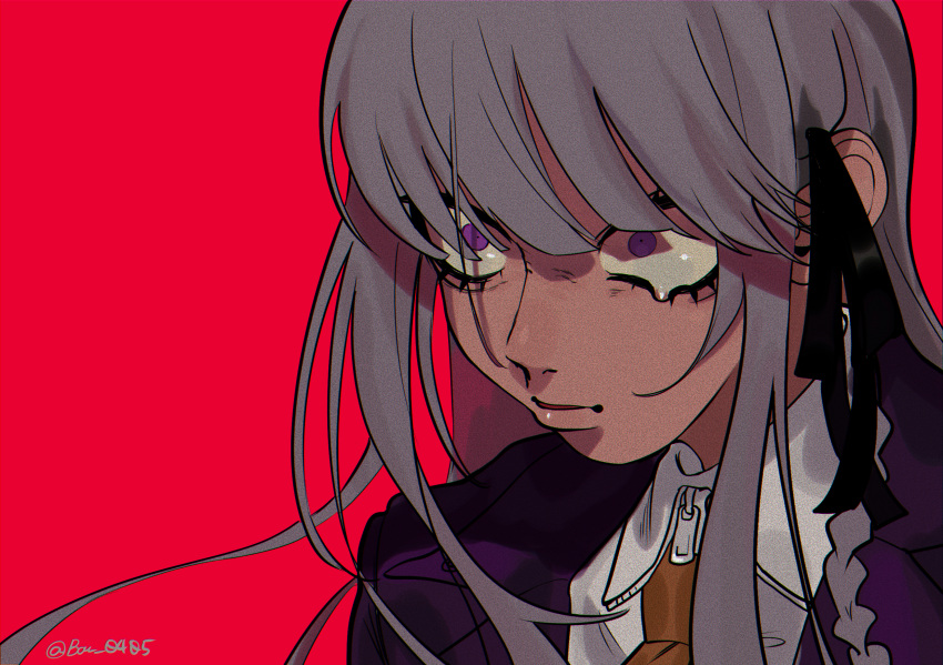 1girl artist_name bangs baru_(bar_0405) black_ribbon brown_neckwear closed_mouth collared_shirt commentary_request dangan_ronpa:_trigger_happy_havoc dangan_ronpa_(series) face hair_ribbon highres jacket kirigiri_kyouko long_hair looking_at_viewer necktie portrait purple_hair purple_jacket red_background ribbon shirt simple_background solo violet_eyes