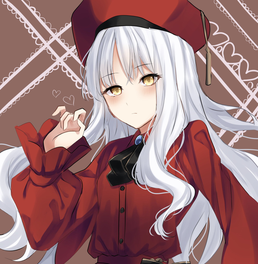 1girl bangs beret breasts brooch caren_hortensia closed_mouth dress fate/grand_order fate_(series) hat highres jewelry long_hair long_sleeves looking_at_viewer neck_ribbon red_dress red_headwear ribbon small_breasts wavy_hair white_hair yellow_eyes zhu_li