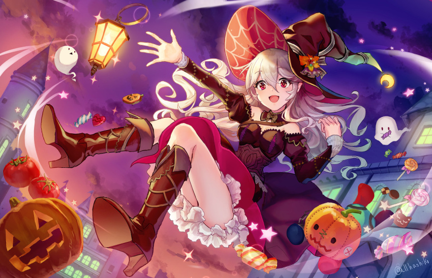 1girl boots candy clouds corrin_(fire_emblem) corrin_(fire_emblem)_(female) fire_emblem fire_emblem_fates food halloween_costume hashiko_(neleven) hat high_heel_boots high_heels jack-o'-lantern long_hair long_sleeves open_mouth red_eyes sky solo twitter_username white_hair witch_hat