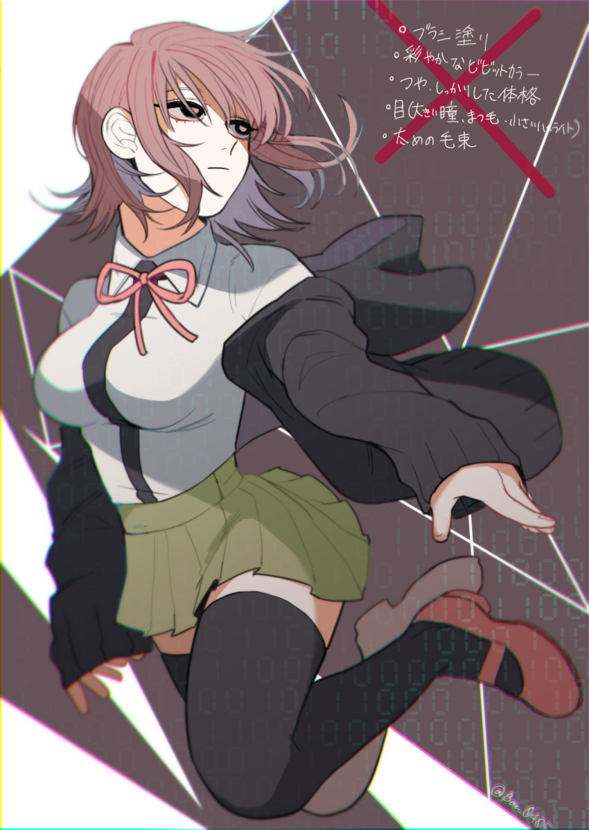 1girl artist_name bangs baru_(bar_0405) black_legwear black_shirt breasts brown_skirt closed_mouth collared_shirt commentary_request cross dangan_ronpa_(series) dangan_ronpa_2:_goodbye_despair feet_up frown hair_ornament highres hood hooded_jacket jacket large_breasts long_sleeves looking_to_the_side miniskirt nanami_chiaki neck_ribbon off_shoulder open_clothes pink_eyes pink_ribbon pleated_skirt ribbon shirt shirt_tucked_in shoes short_hair skirt solo thigh-highs translation_request white_shirt zettai_ryouiki