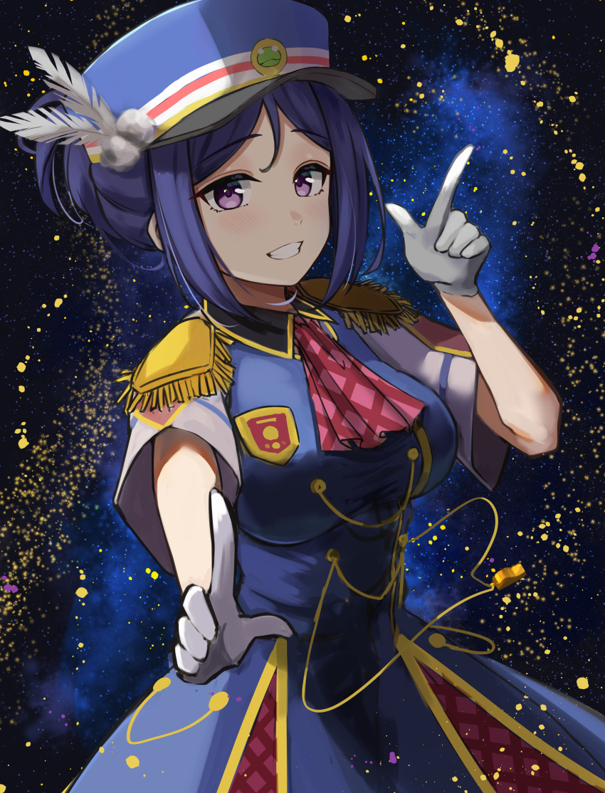 1girl absurdres akiki_(kiki) bangs birthday blue_hair breasts commentary eyebrows_visible_through_hair gloves hair_bun happy_party_train hat highres large_breasts looking_at_viewer love_live! love_live!_sunshine!! matsuura_kanan short_sleeves sidelocks smile solo whistle white_feathers white_gloves
